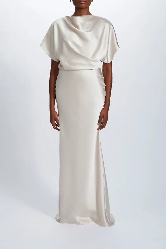 Prom dresses with cold - shoulder cutouts and satin bows for a trendy lookFluid Satin Draped Gown