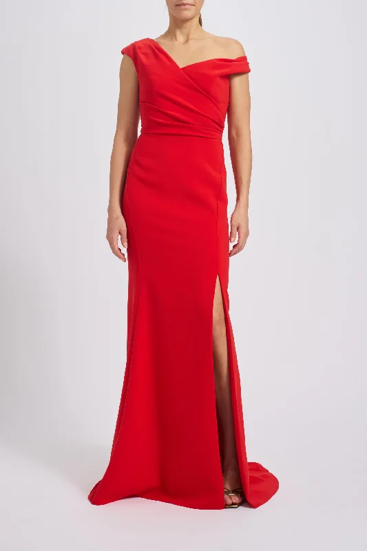 Stretch Crepe Draped Shoulder Gown