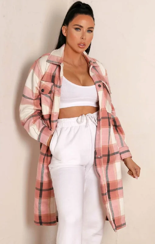 Pink Oversized Check Print Pocket Detail Button Up Long Sleeve Midi Shacket Shirt Dress - Ruby