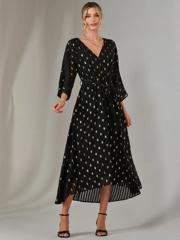 Formal dresses with ruffled skirts and bow accents for a charming prom appearancePlain Gold Spot Chiffon Dress, Black/Gold