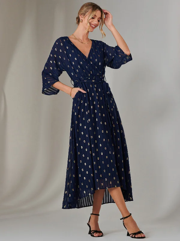 A - line formal dresses with beaded lace appliques for formal eventsPlain Gold Spot Chiffon Dress, Navy/Gold
