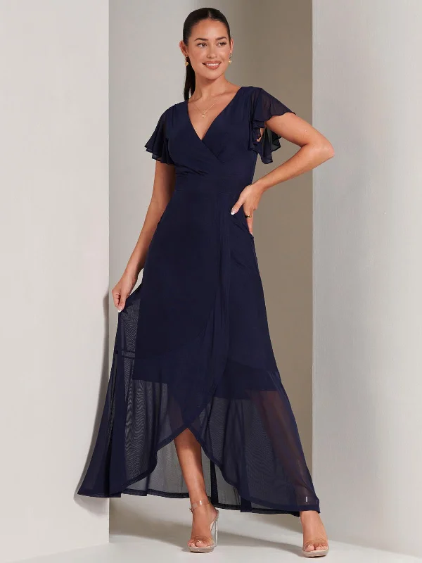 Racquell Plain Frill Mesh Maxi Dress, Navy