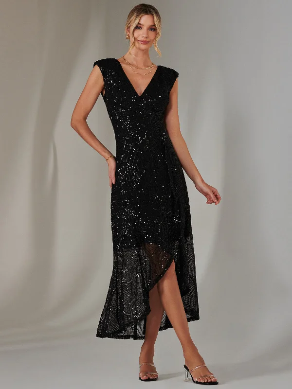 Sequin Ruffle Hem Maxi Dress, Black