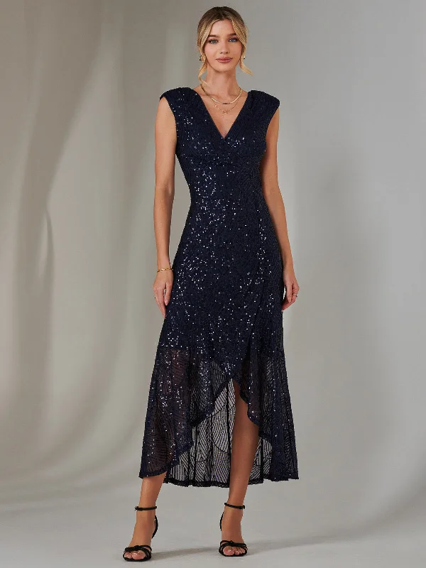 Sequin Ruffle Hem Maxi Dress, Navy