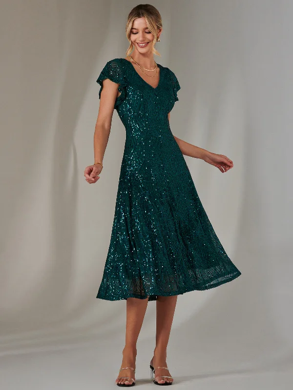 Prom dresses with cold - shoulder ruffled sleeves and floral prints for a romantic and fashionable styleSequin V Neck FIt & Flare Midaxi Dress, Green