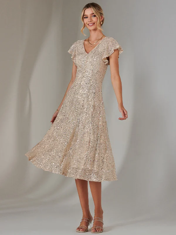 Formal dresses with geometric patterns and metallic accents for a modern formal affairSequin V Neck FIt & Flare Midaxi Dress, Oyster