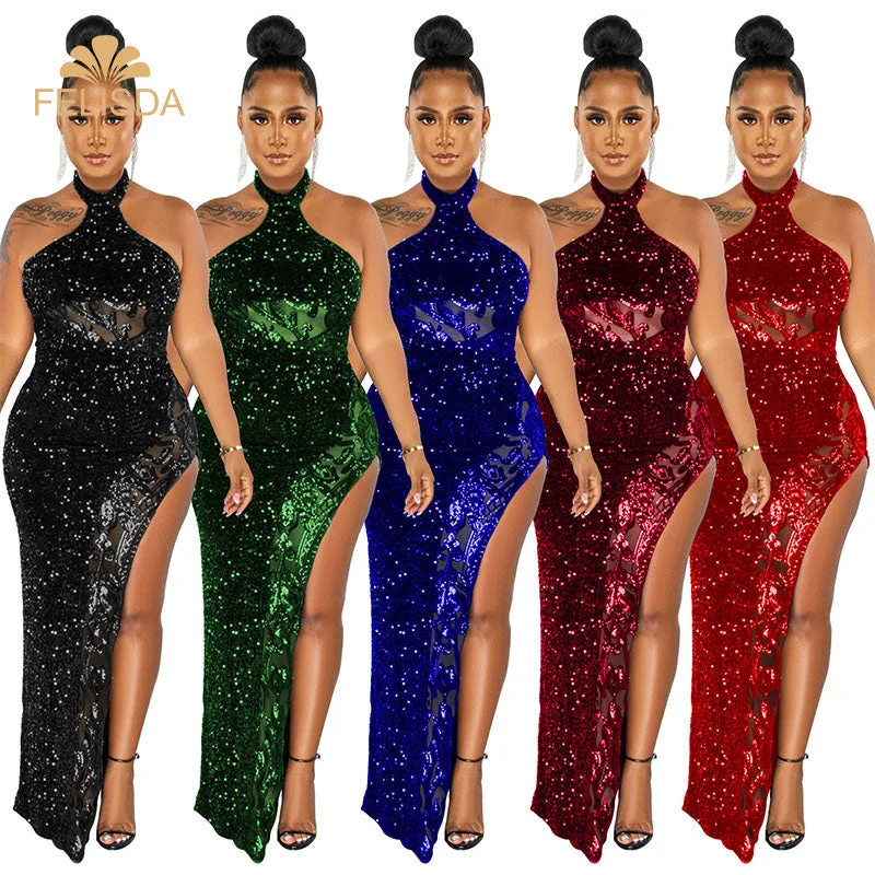 Formal dresses with geometric patterns and metallic accents for a modern formal affairSexy Sequins Sheer Mesh Evening Party Club Long Dress Outfits Women Vestidos Elegant Halter Backless High Split Casual Dresses