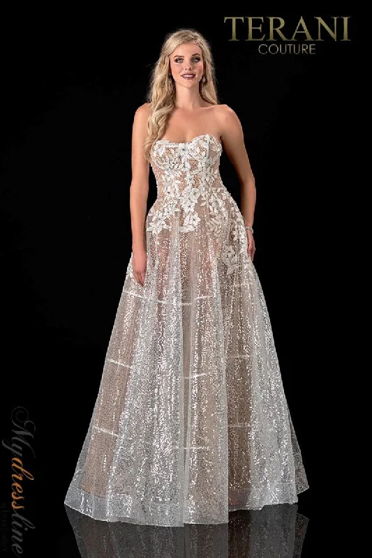 Prom dresses with cold - shoulder ruffled sleeves and floral prints for a romantic and fashionable styleTerani Couture 2111P4105