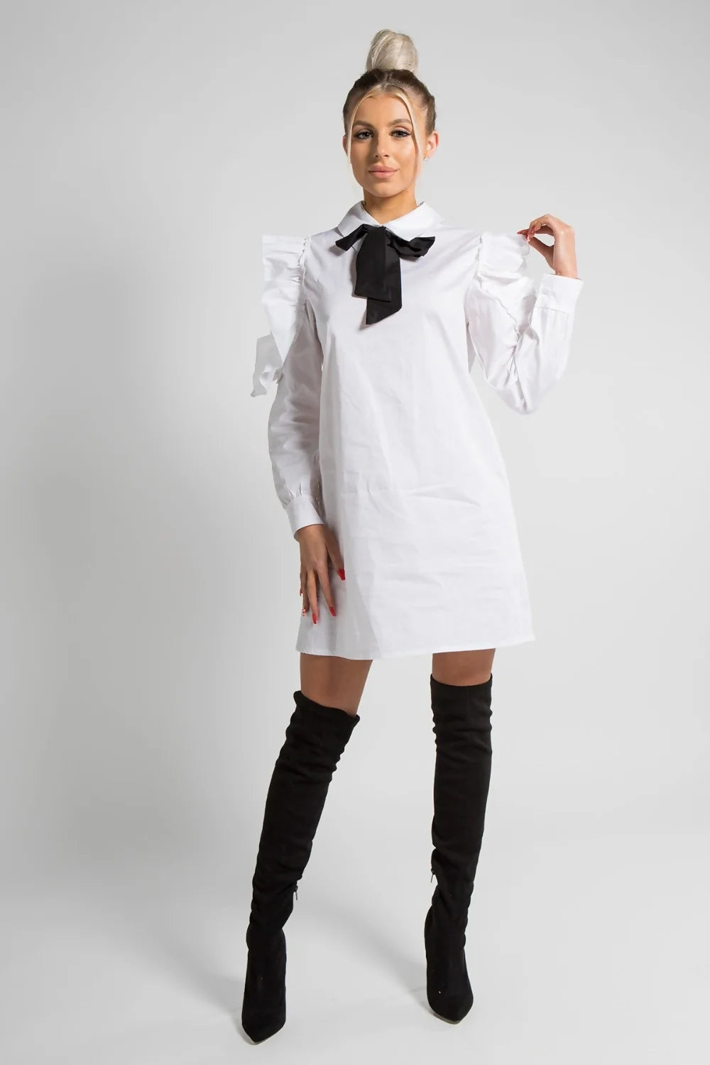 White Blair Collar Bow Dress with Open Ruffle Sleeve Detail- Terry